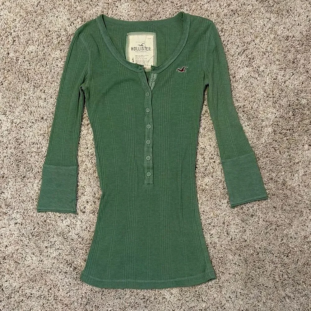 2 Hollister Blue Green Y2K Henley Tops Small - Picture 2 of 10